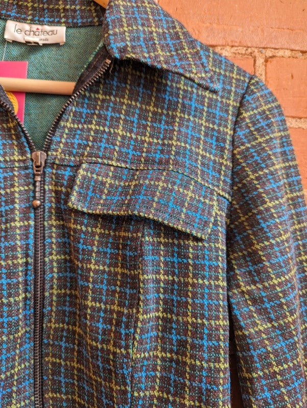 1990s Le Chateau Green and Blue Plaid Jacket