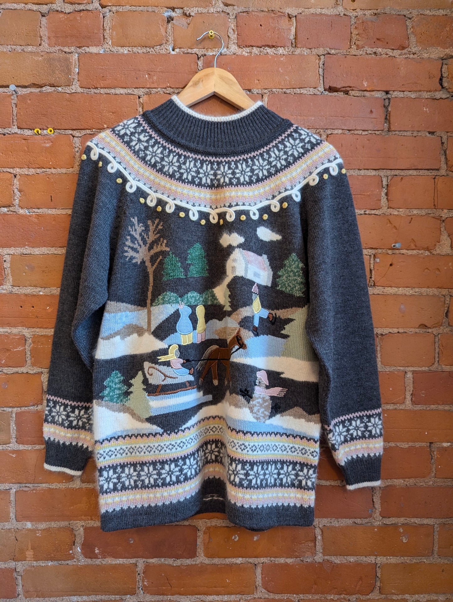 1990s René Derhy Paris Grey Sweater With Winter Scene