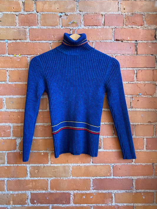 1990s Sue Dai Chun Blue Wool Turtleneck With Striped Accents