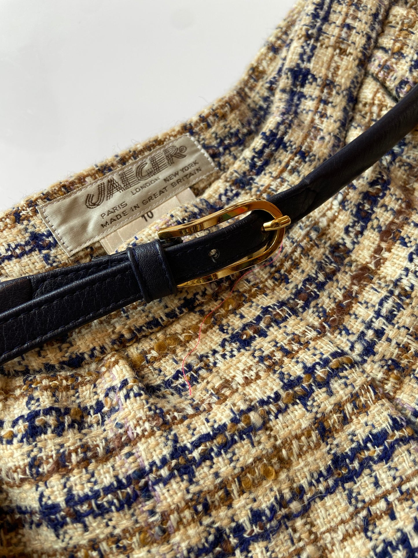 Beige & Navy Wool Plaid Belted Skirt