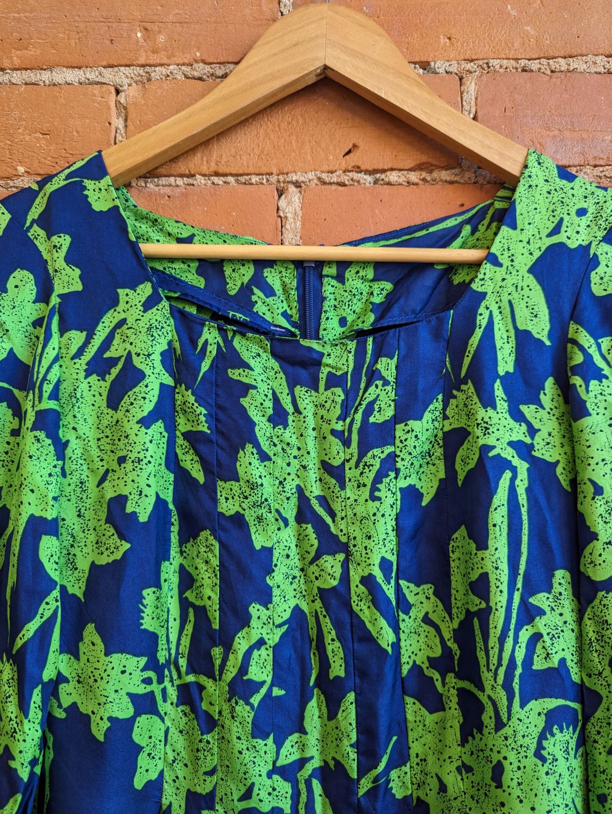 1970s Blue and Green Floral Long-Sleeve Maxi Dress