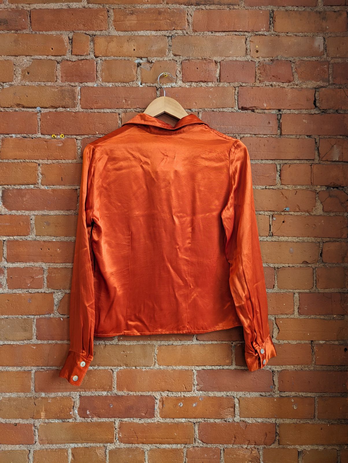 1990s Dynamite Orange Shimmery Dagger Collar Blouse
