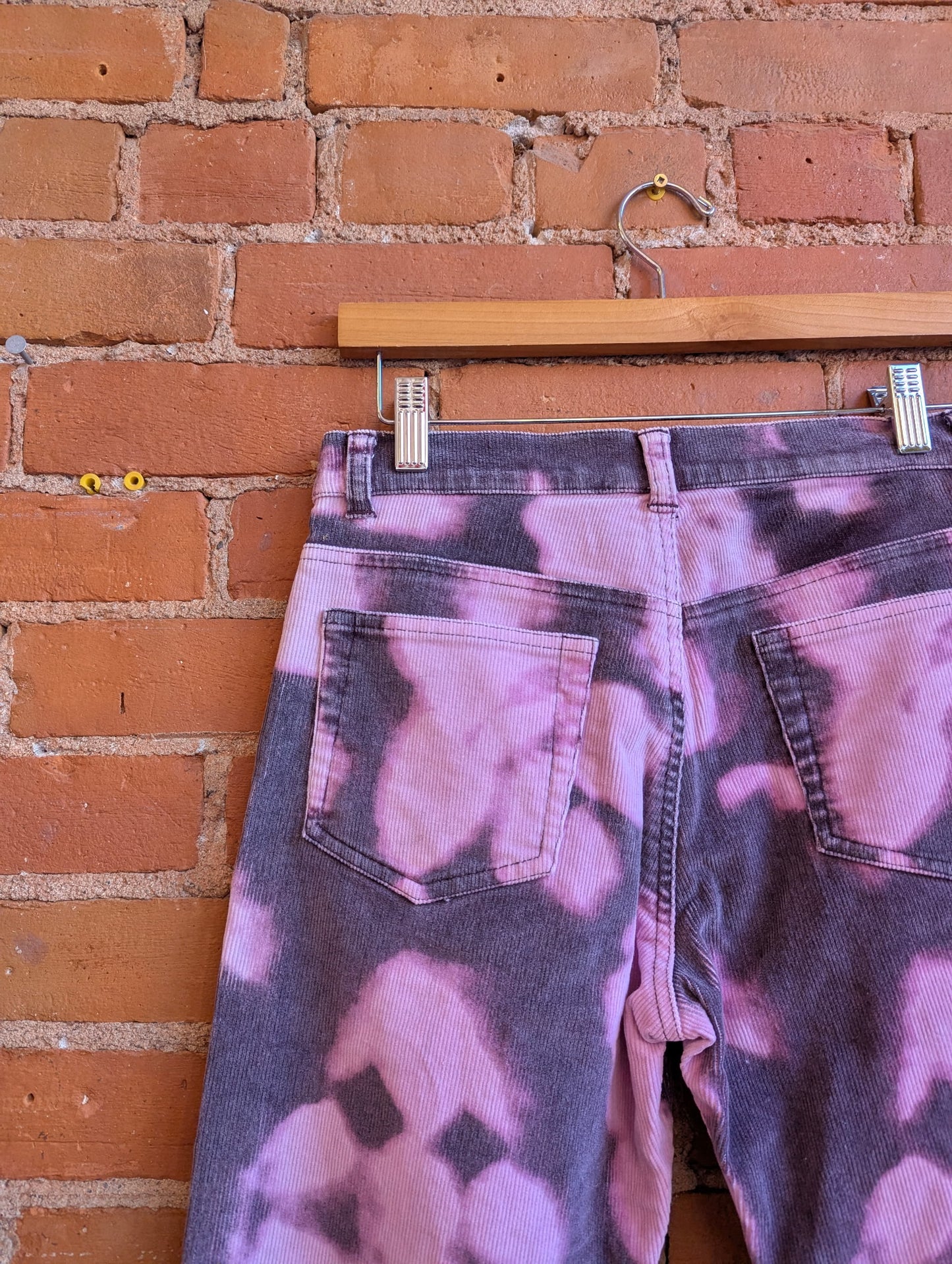 1990s Jane Doe Jeans Mid-Rise, Kick Flare Corduroy Pants With Pink and Purple Bleach Detailing
