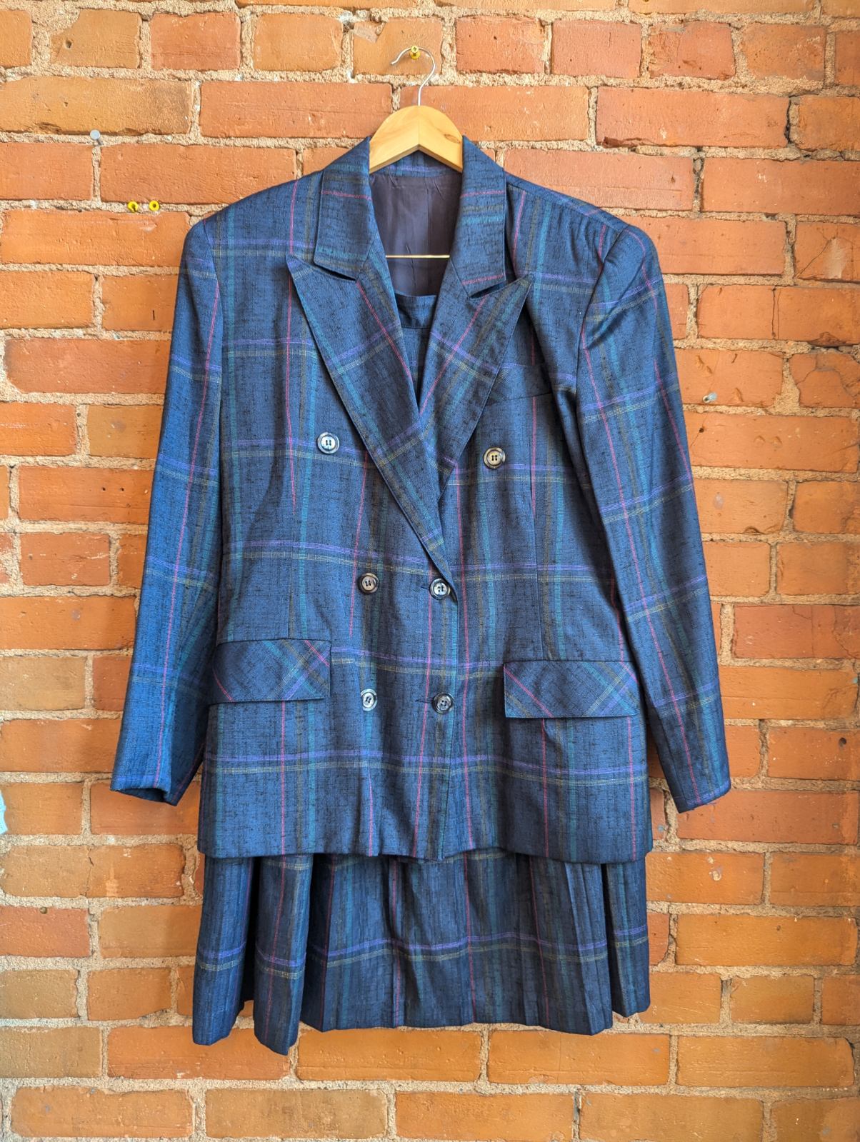 1980s Paradox Collection Blue Plaid Blazer and Pleated Skirt Set The Neighbourhood Vintage Store