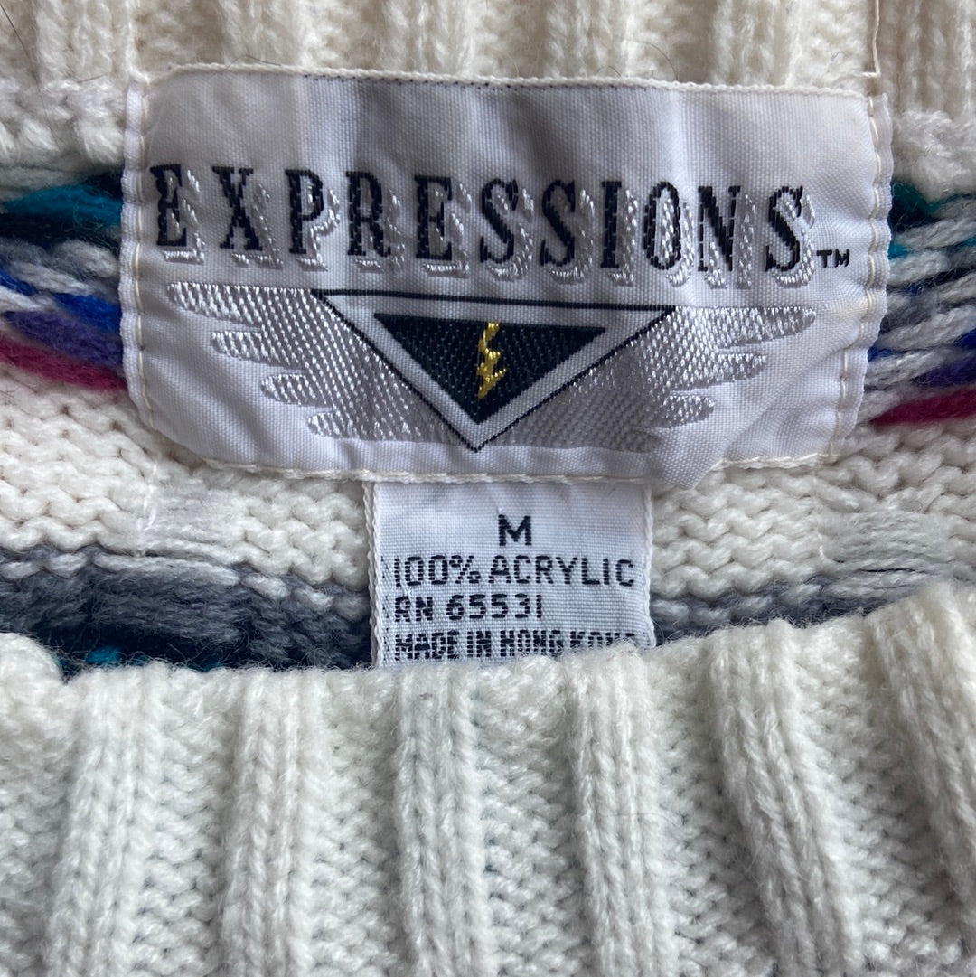 White & Teal Patterned Sweater