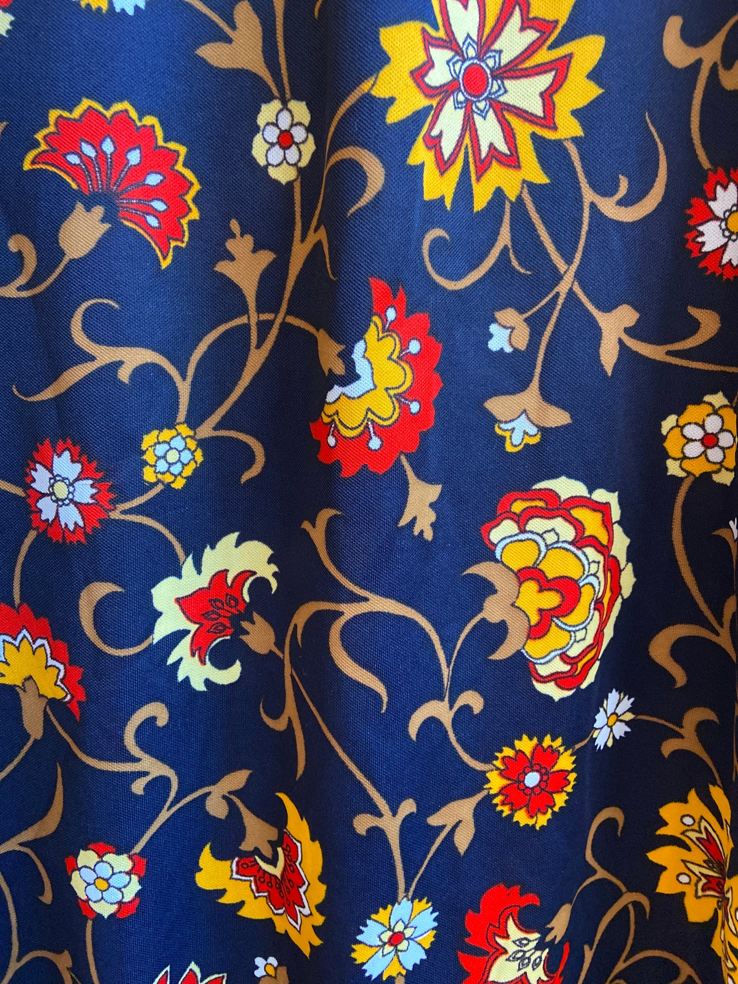 1960s Navy Blue Long Sleeve Dress With Warm-Toned Floral Print
