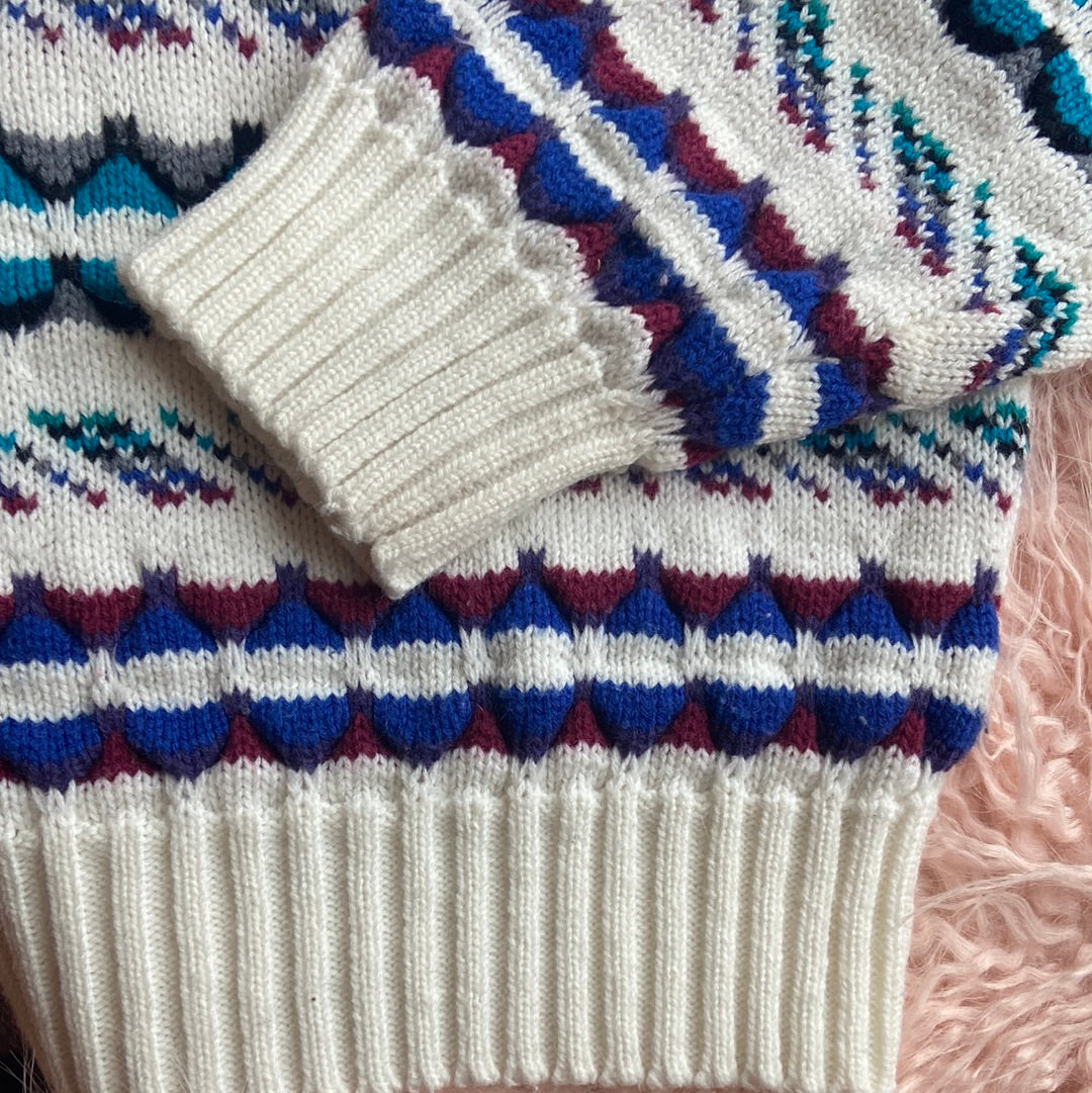 White & Teal Patterned Sweater