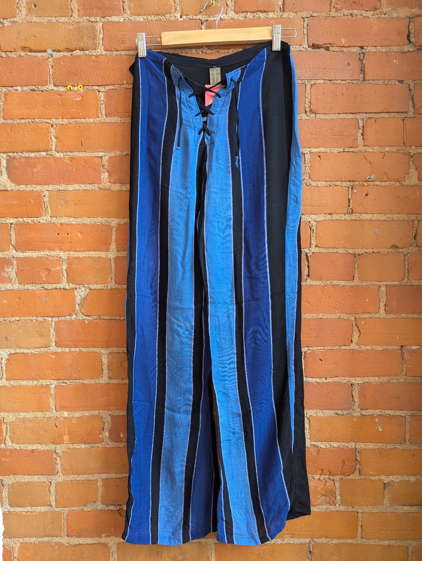 1990s Mambule Blue and Black Striped Pants With Lace Up Waist