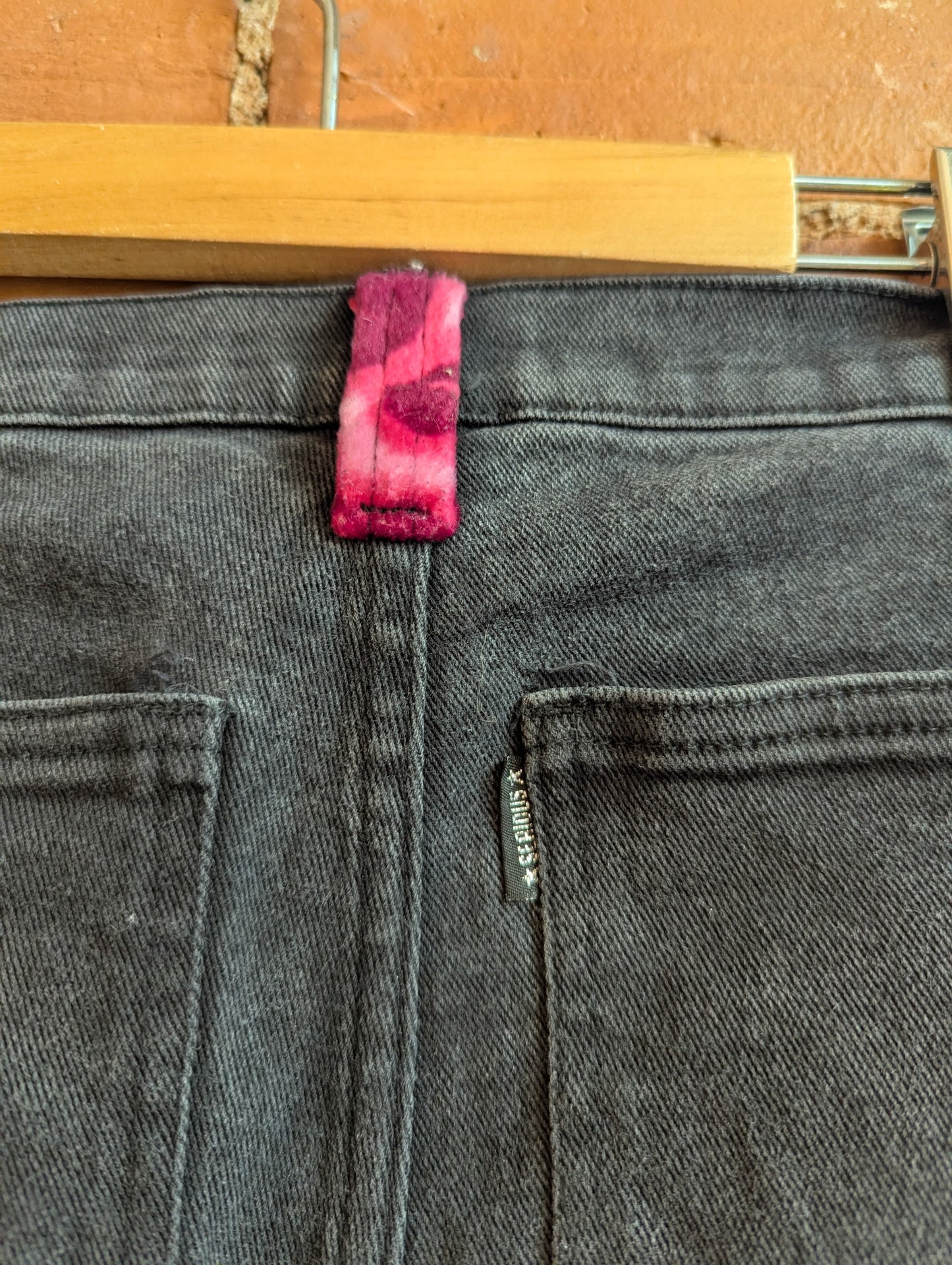 1990s Serious Wide Leg Washed Black Jeans With Pink Faux Fur Accents