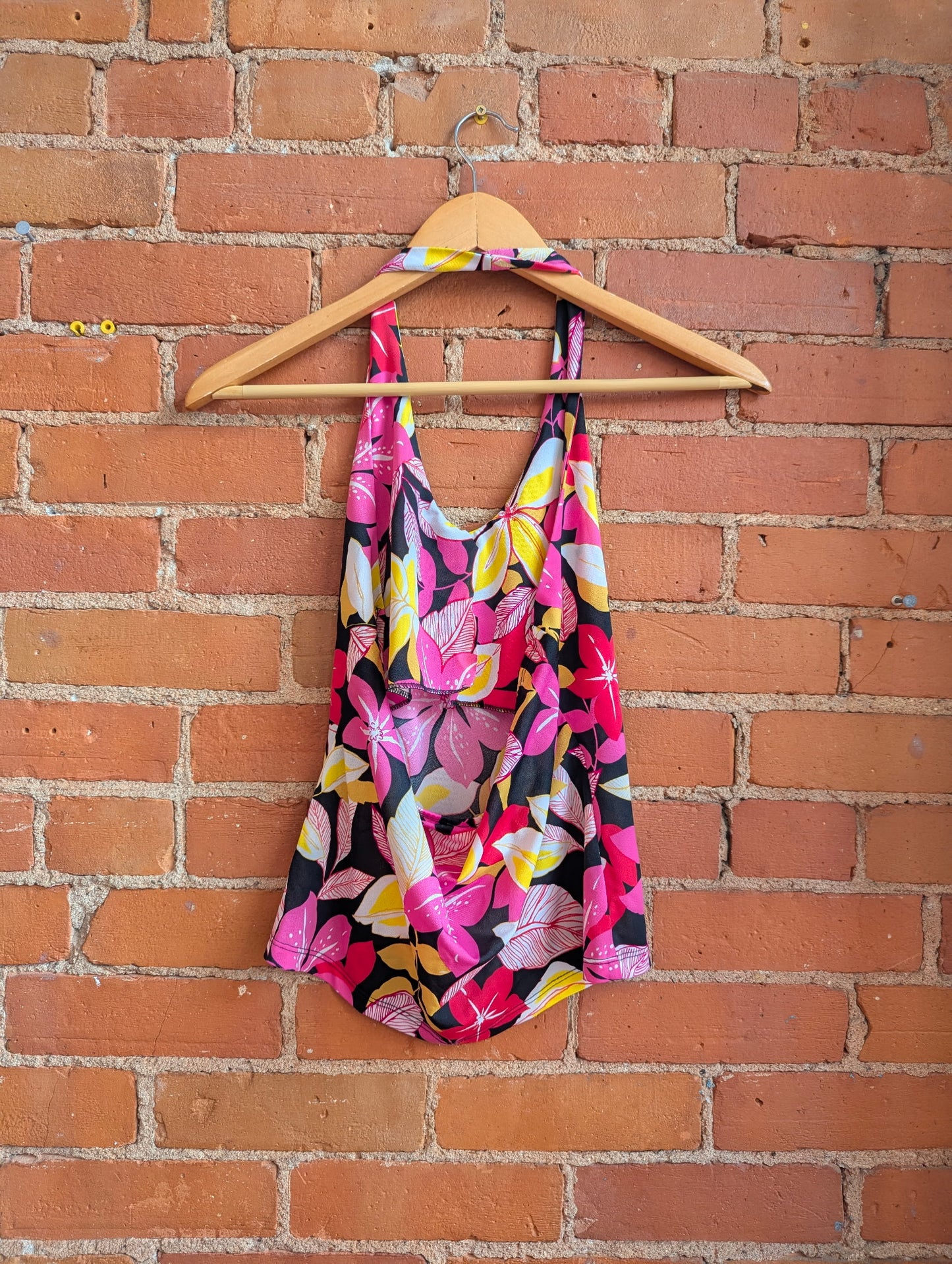 Y2K Suzy Shier Black Halter Top With Pink, Yellow and Red Floral Print