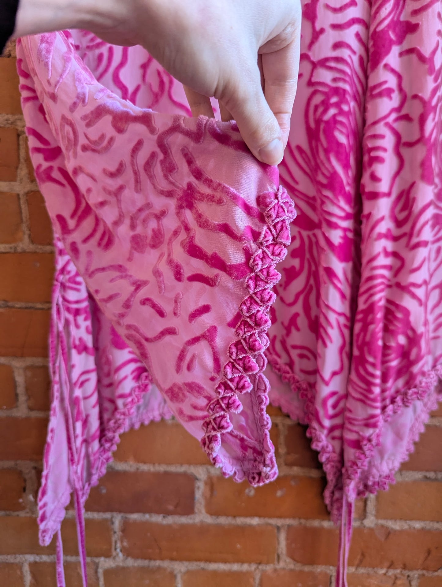 1990s Kozlowska Pink Sheer Bell Sleeve Top With Velvet Rose Pattern