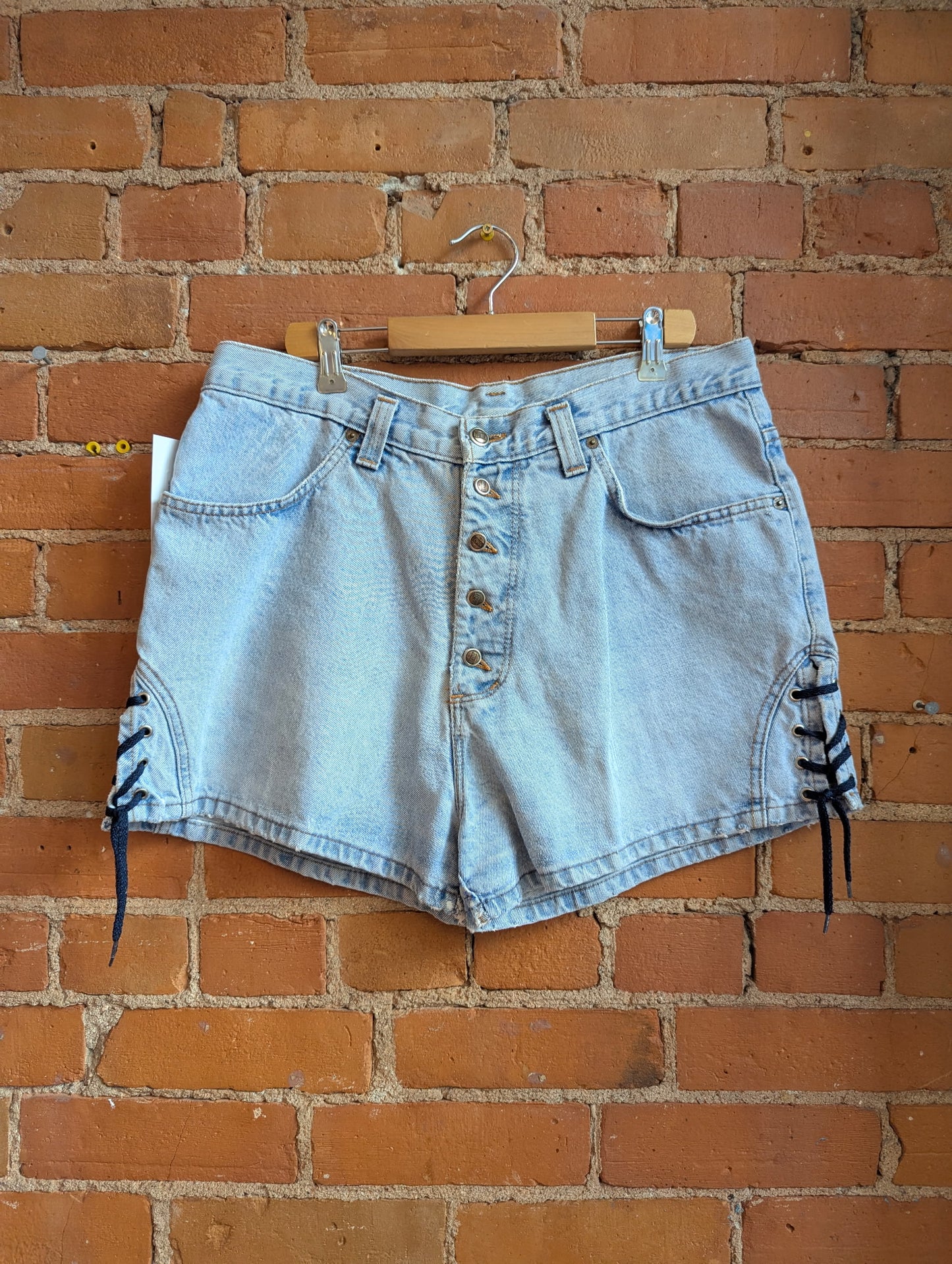 1990s Manager Light Wash Denim Shorts With Button Fly and Lace Up Details