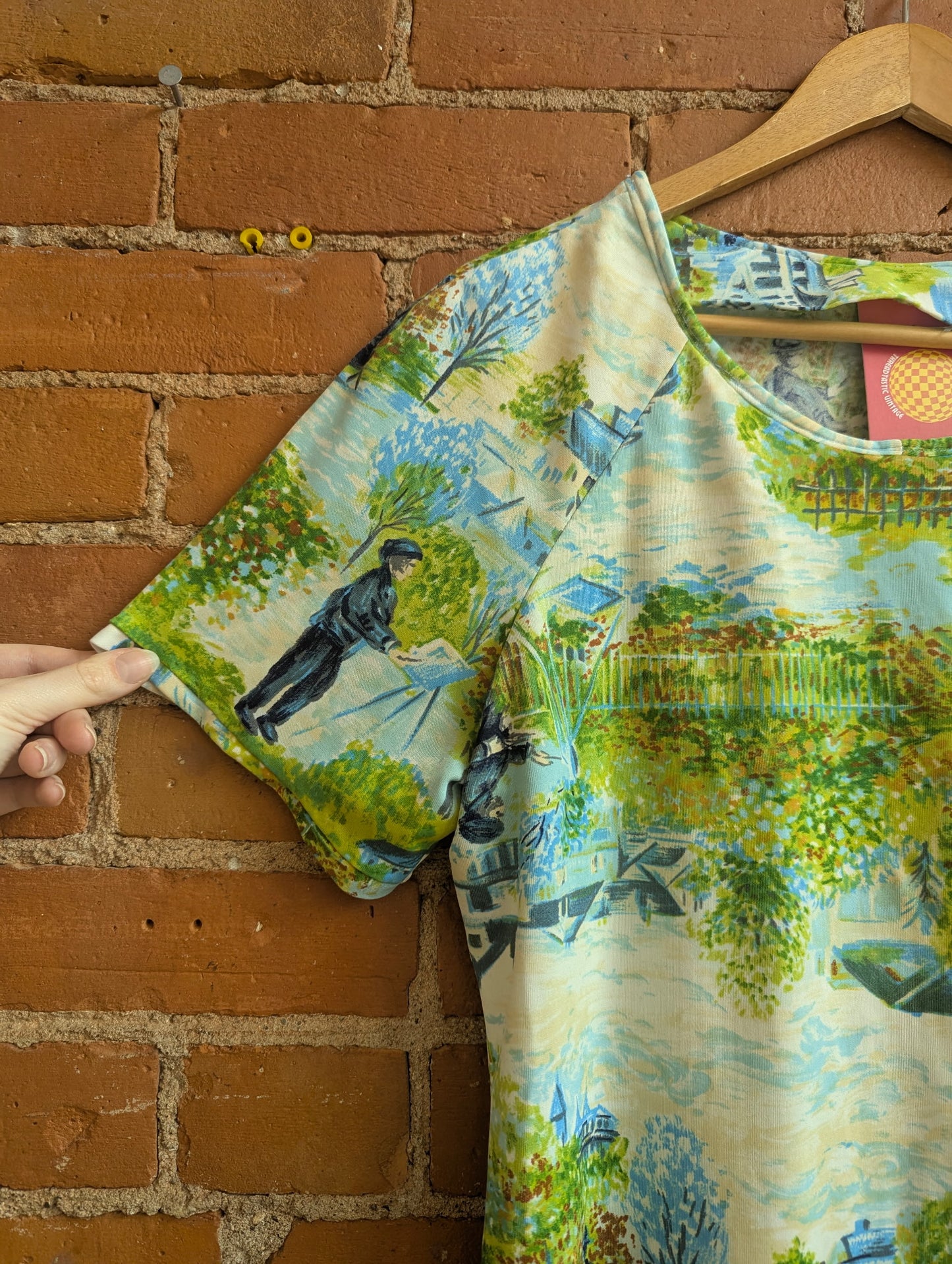 1970s Impressionism Print Short Sleeve Scoop Neck Top