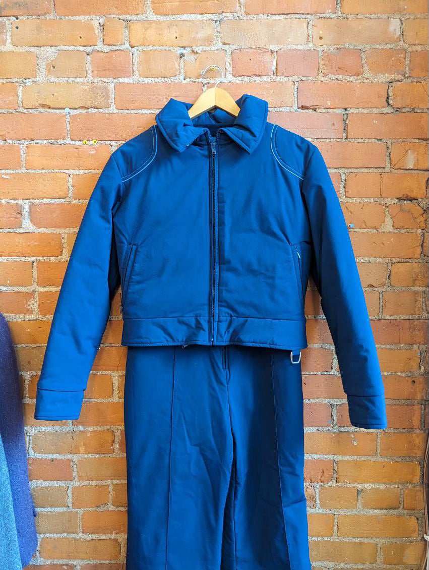 1970s Ditrani Designs Navy Blue Ski Jacket and Overall Snow Pants Set