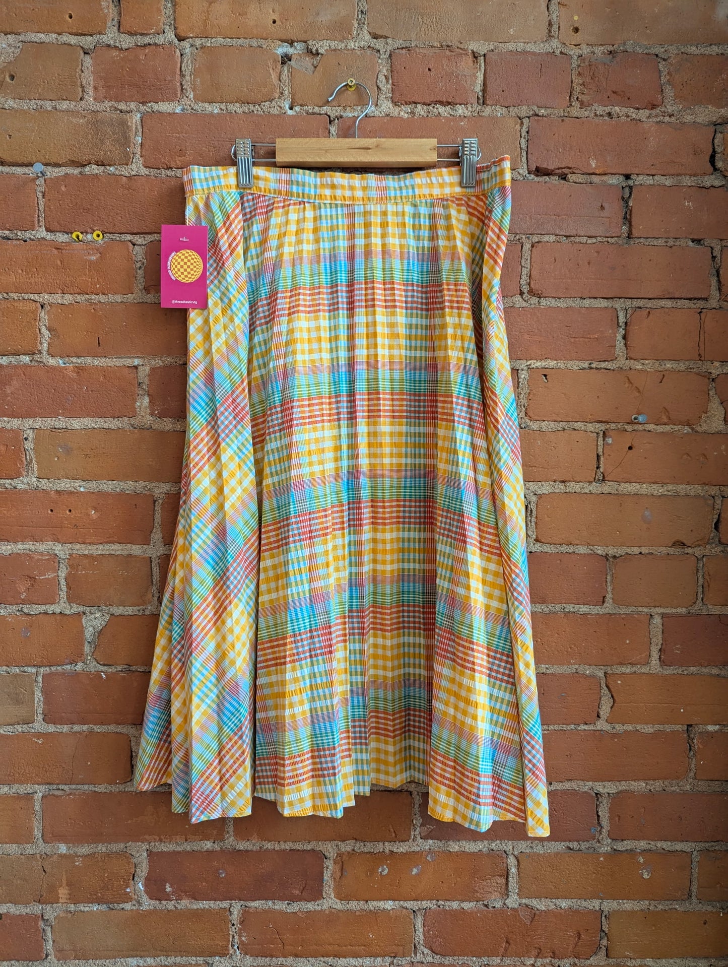 1970s Seersucker Pleated Plaid A-Line Midi Skirt
