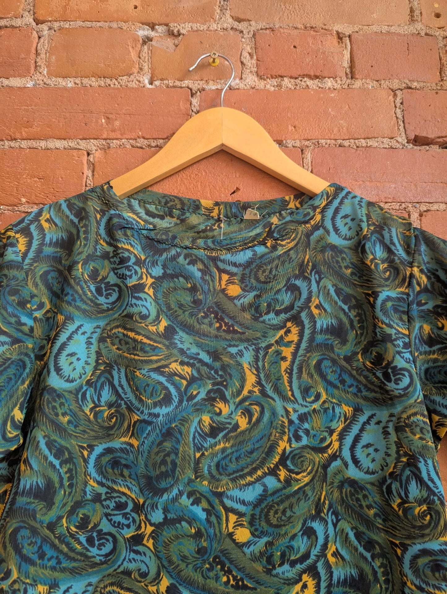 1960s Blue, Green and Yellow Paisley Print Shift Dress
