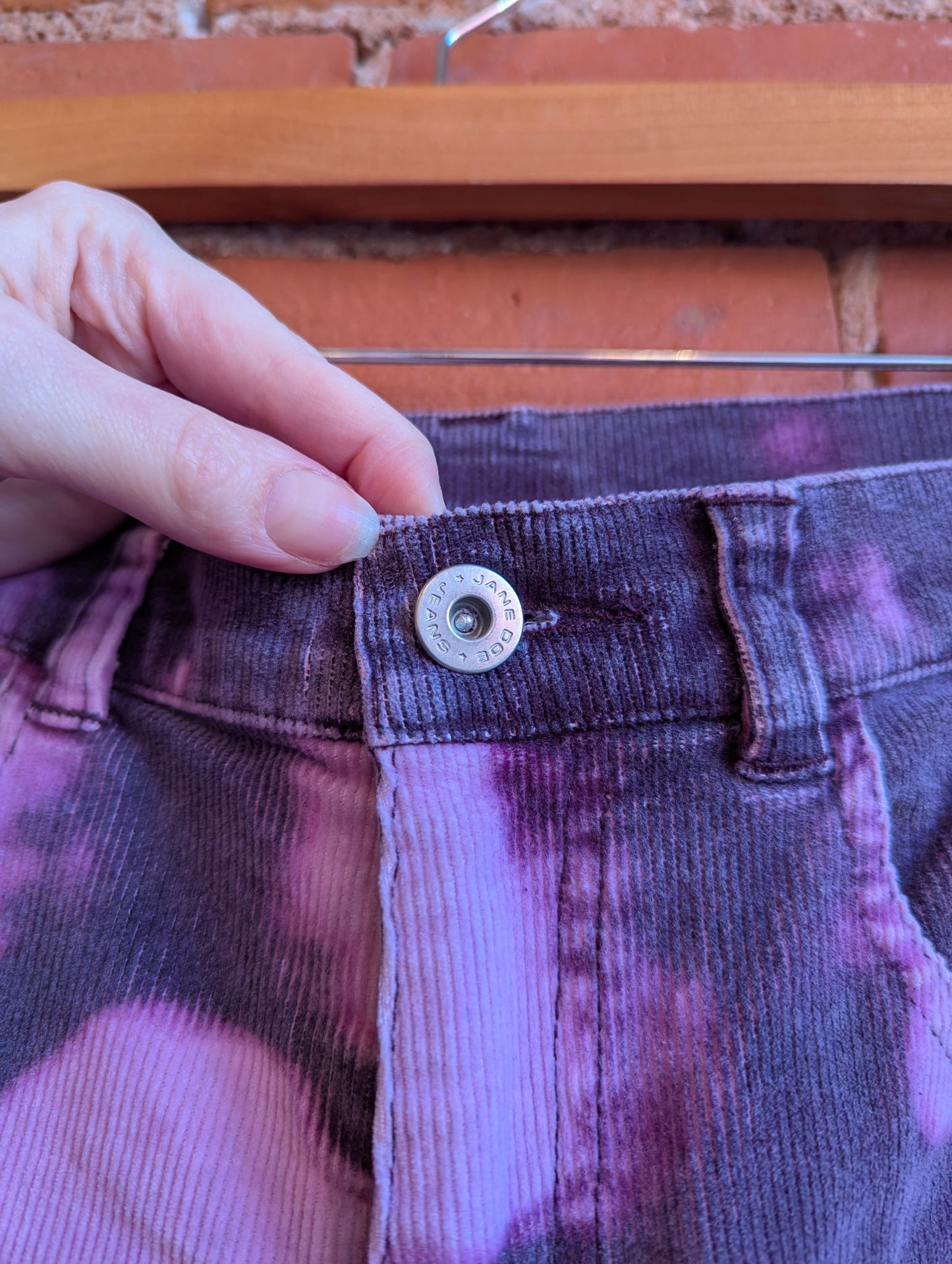 1990s Jane Doe Jeans Mid-Rise, Kick Flare Corduroy Pants With Pink and Purple Bleach Detailing