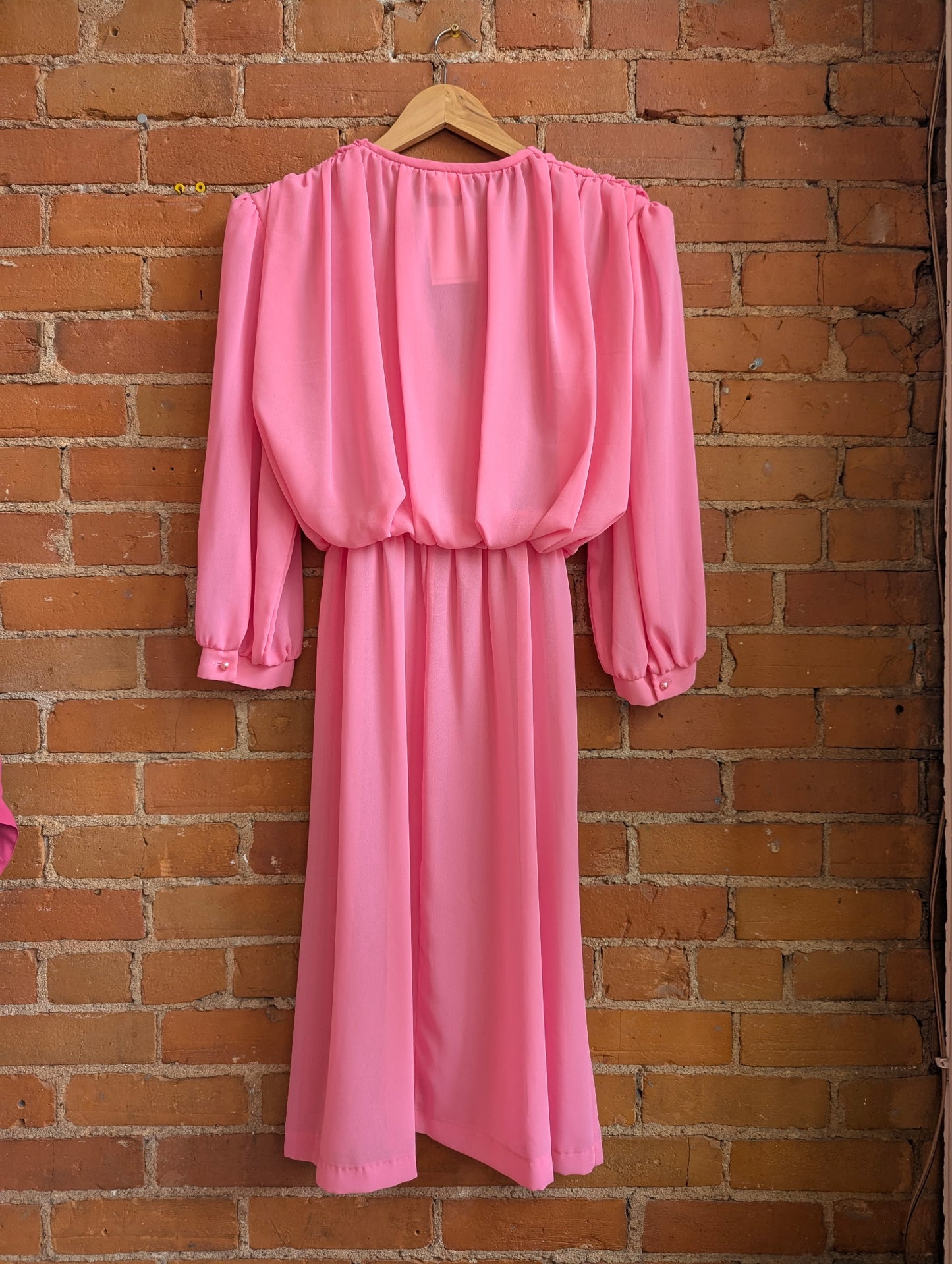 1980s Does 1940s Jolibel Sheer Pink Dress With Wrap Style Front