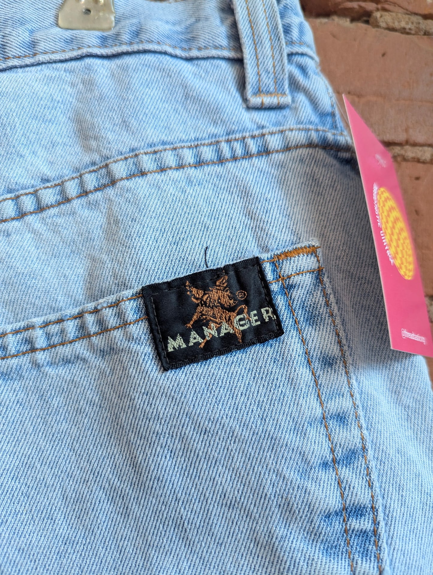 1990s Manager Light Wash Denim Shorts With Button Fly and Lace Up Details