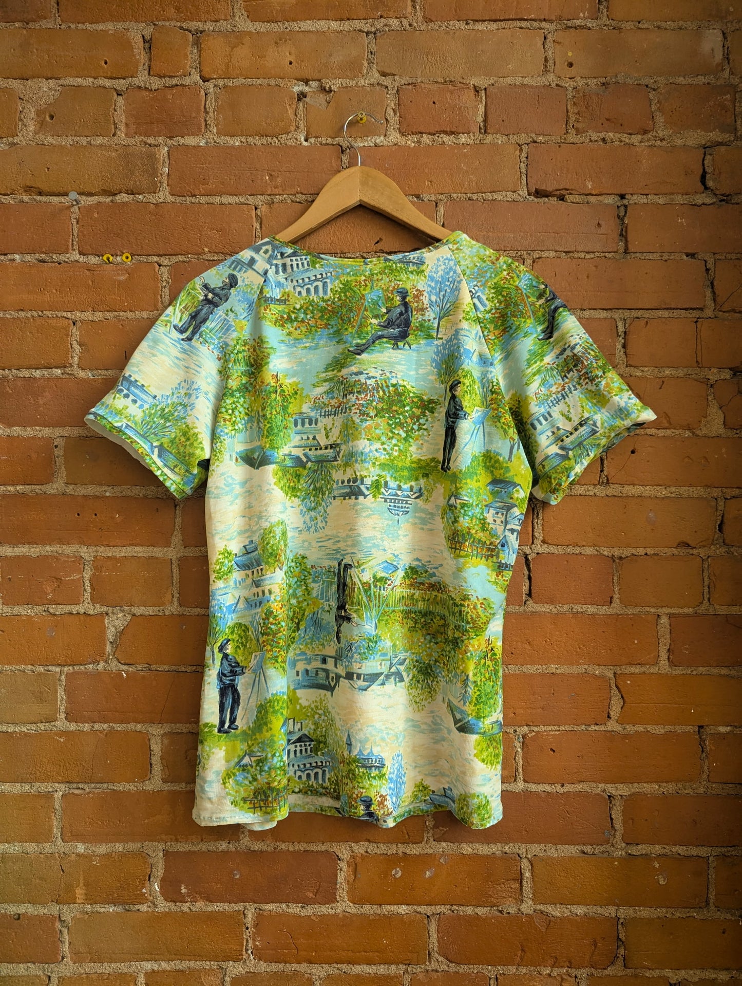 1970s Impressionism Print Short Sleeve Scoop Neck Top