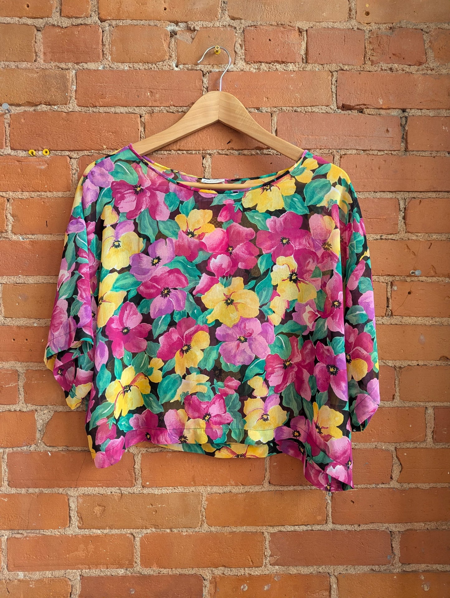 1990s Linda Sheer Pink, Purple and Yellow Crop Top