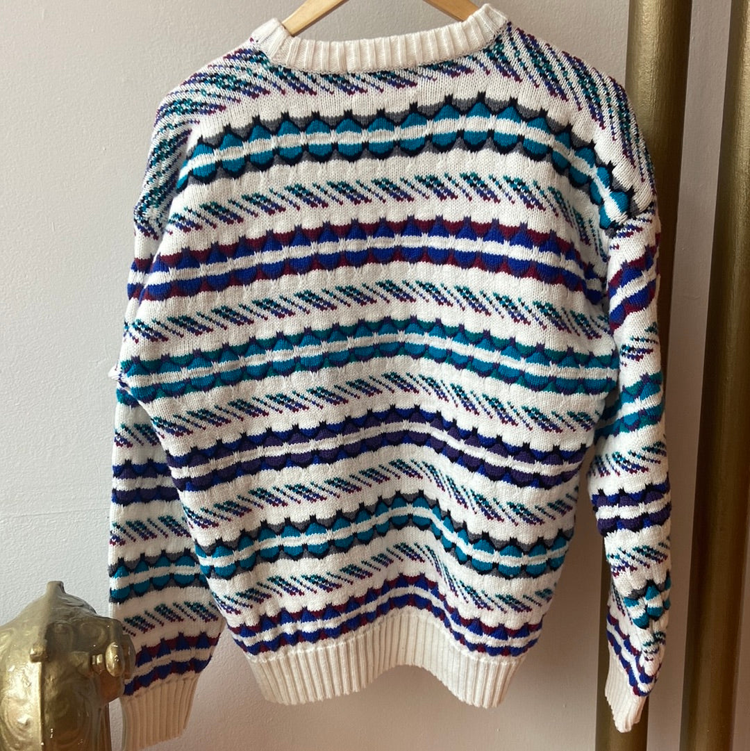 White & Teal Patterned Sweater