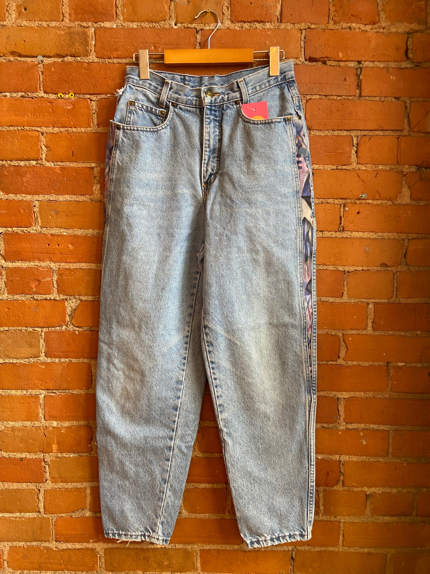 1990s Manager Light Wash, High Rise Jeans With Fuzzy Geometric Print Panels