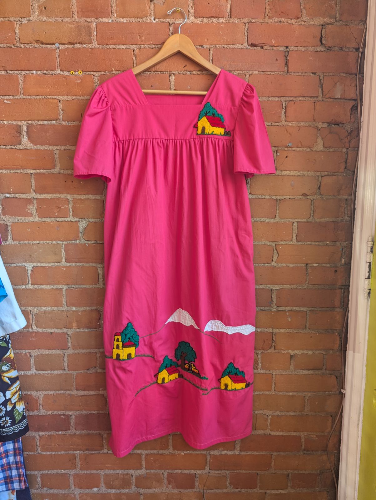 1970s Bordados Tiscareña Bright Pink House Dress With Latch Hook Details