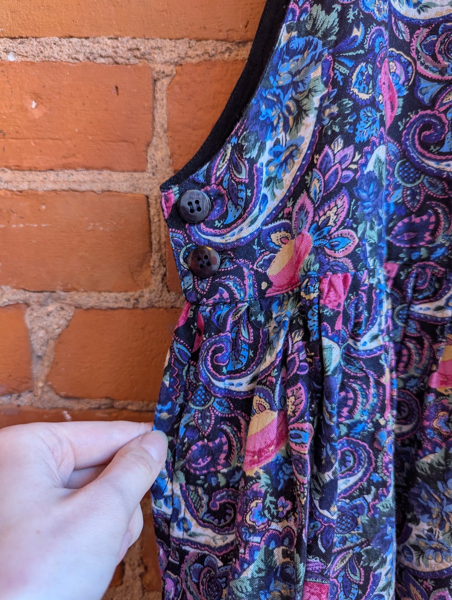 1990s Northern Traditons Pinafore Midi Dress With Floral and Paisley Print