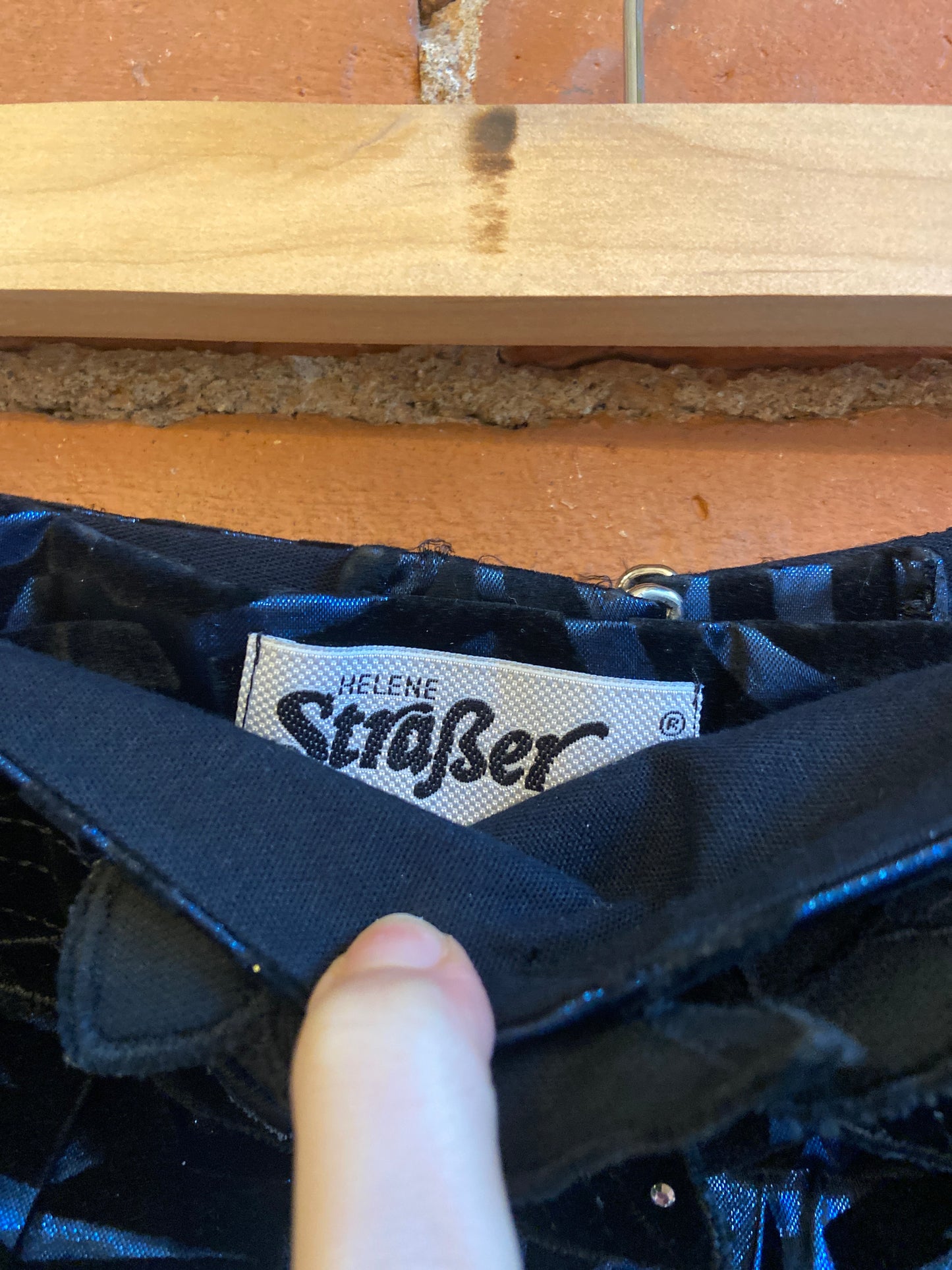 1980s Helene Straber Blue Metallic Pleated Maxi Skirt With Black Velvet Geometric Pattern