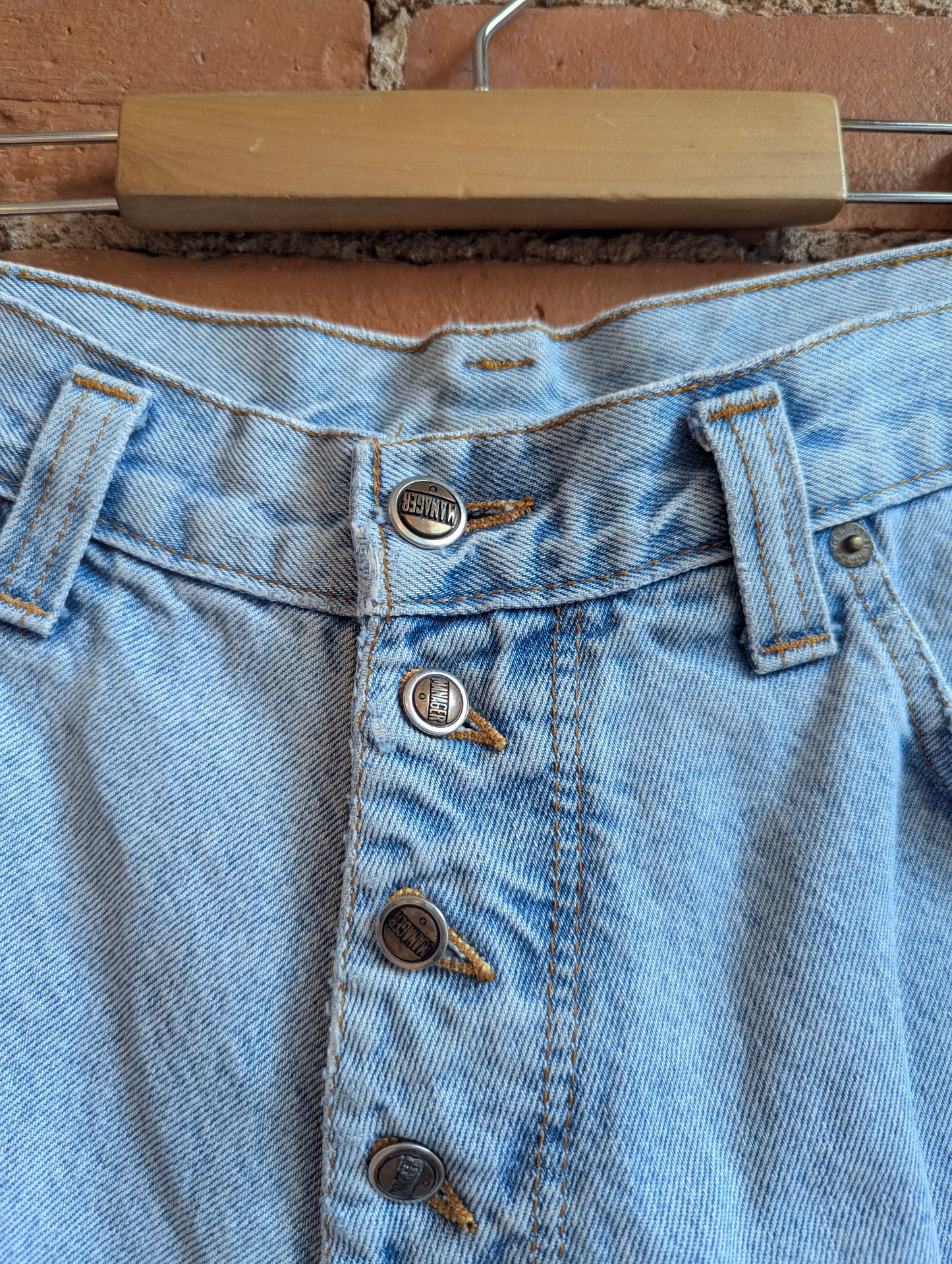 1990s Manager Light Wash Denim Shorts With Button Fly and Lace Up Details
