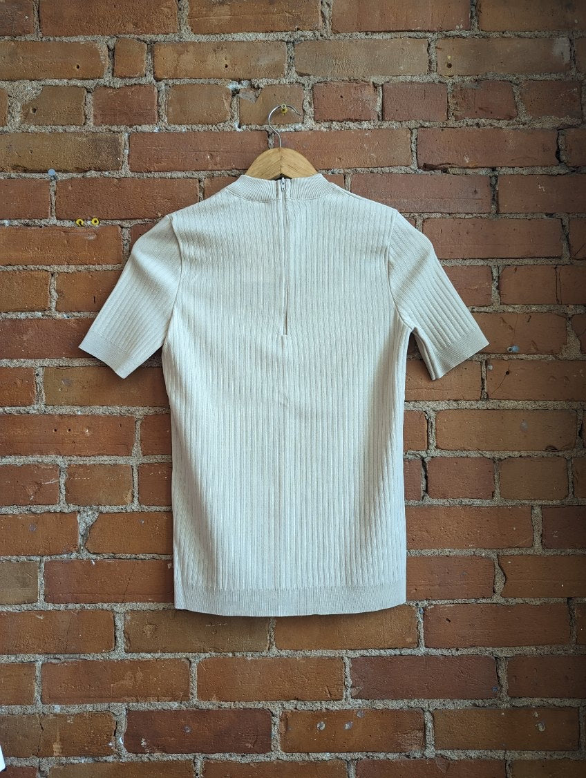 1970s Paris Star Beige Ribbed Short Sleeve Top