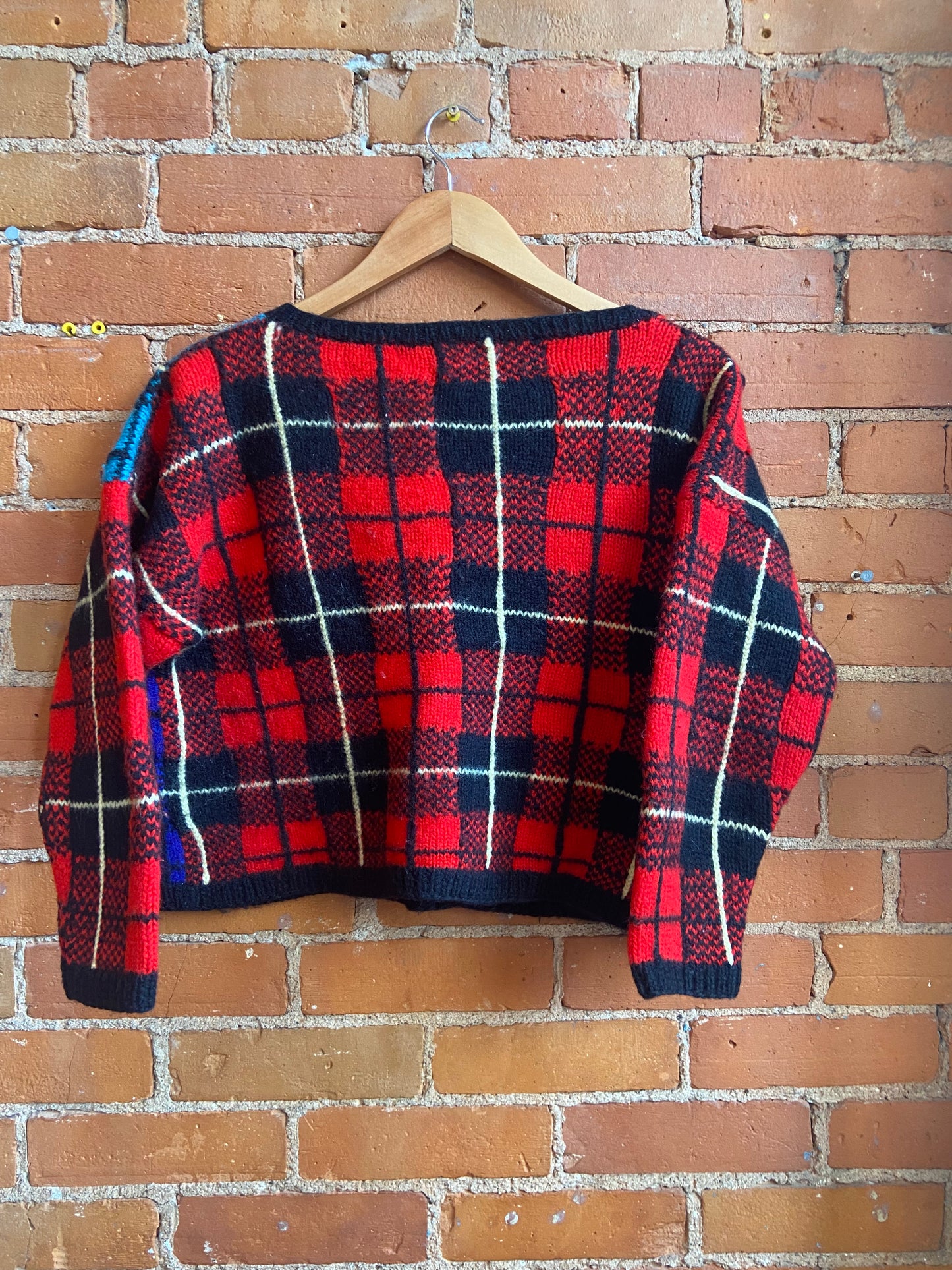 1 by Eaton Cropped Red, Green and Blue Plaid Wool Sweater