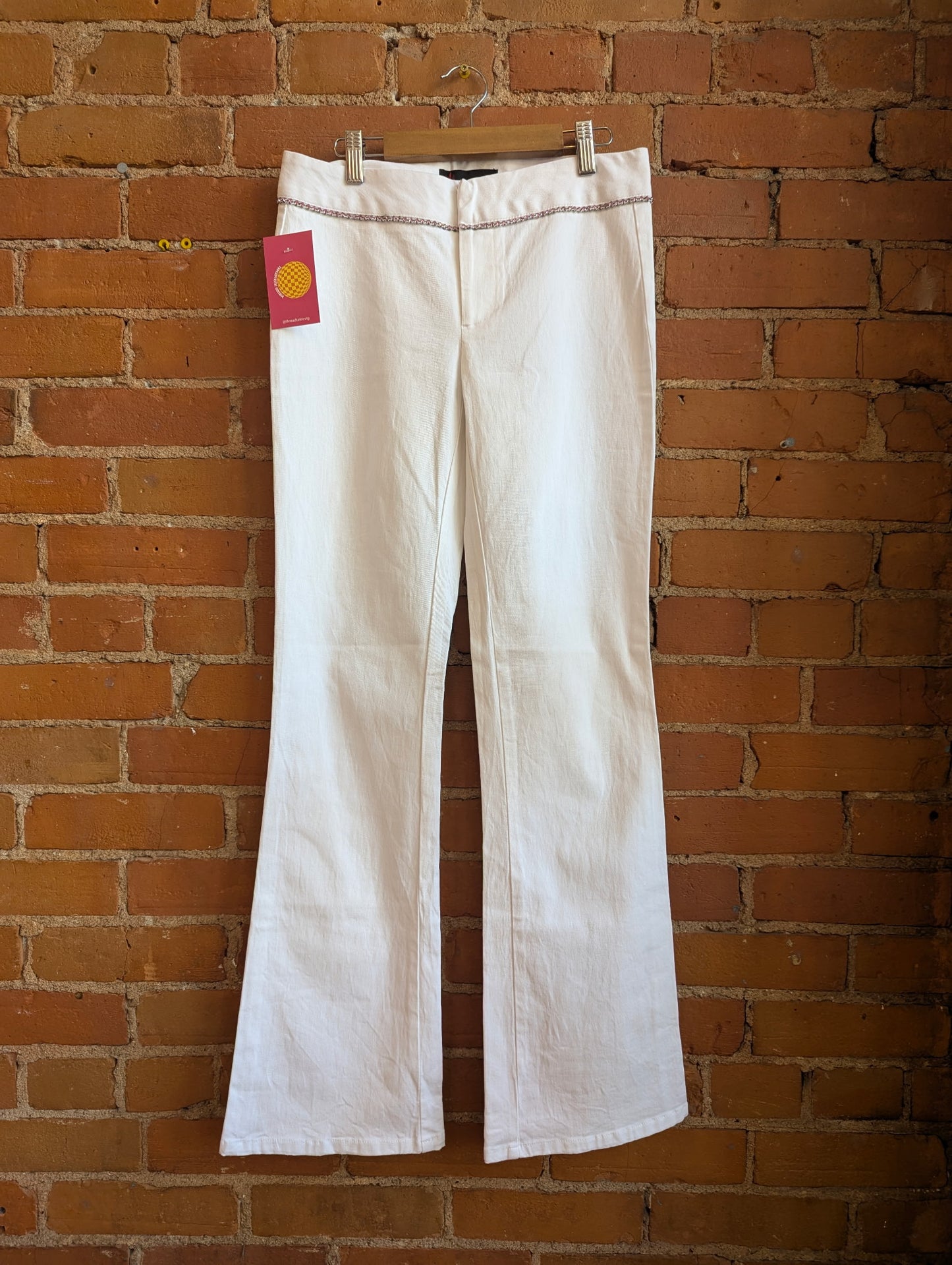 1990s/Y2K Spacegirlz White Flare Pants With Pink Rhinestone Trim
