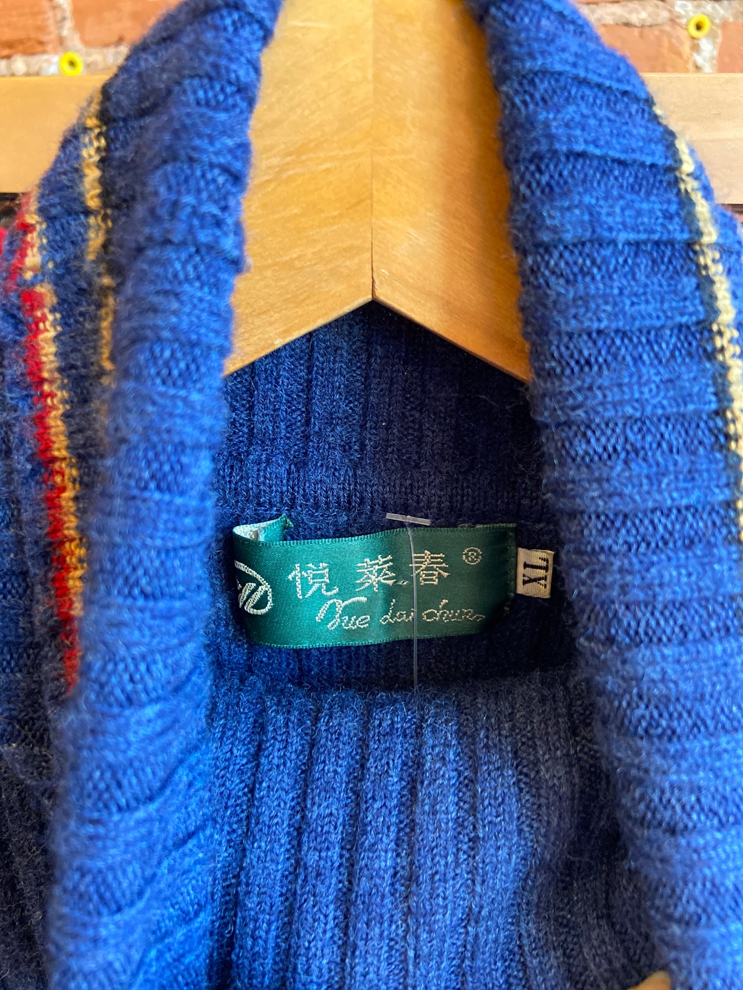 1990s Sue Dai Chun Blue Wool Turtleneck With Striped Accents