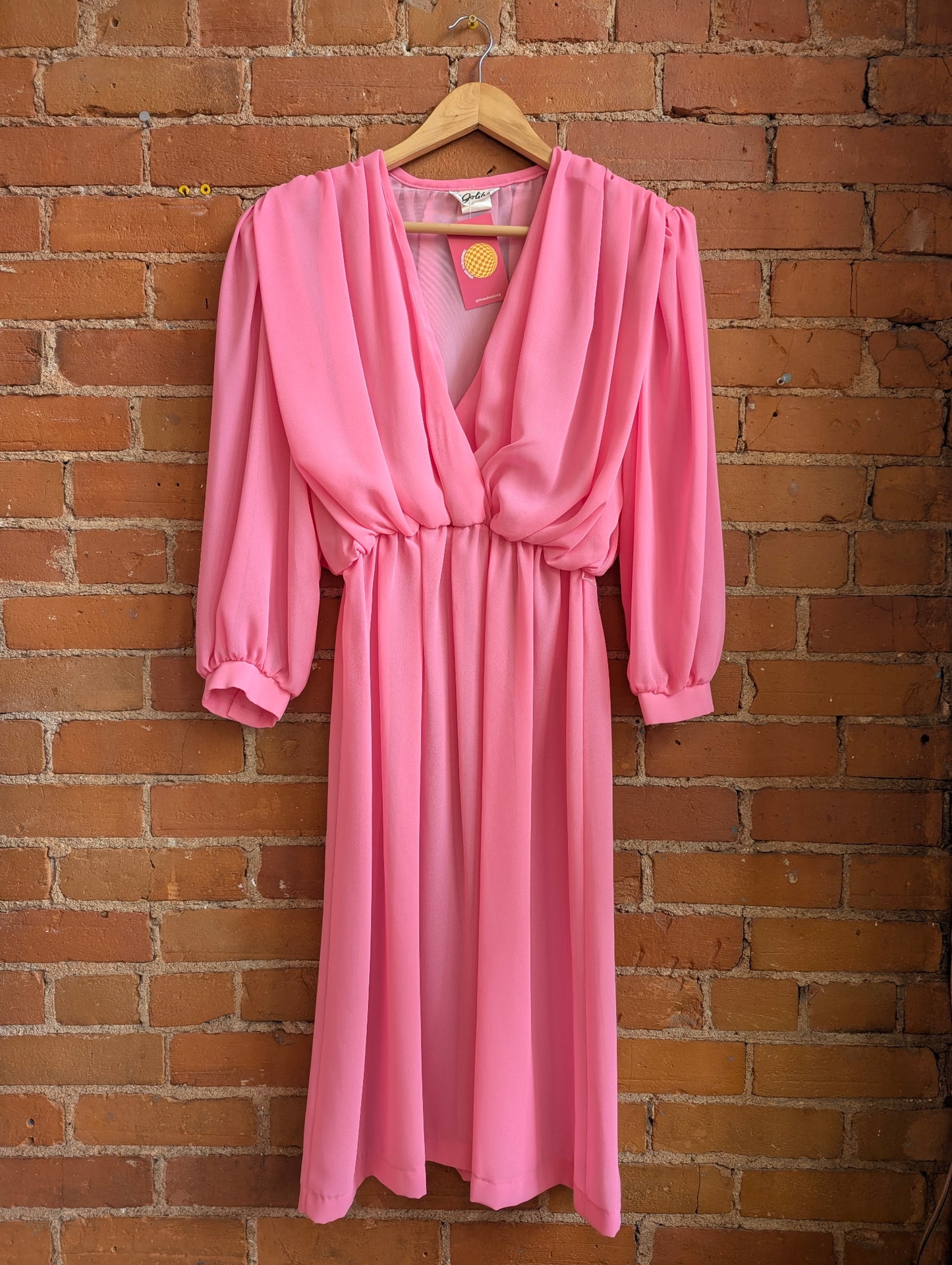 1980s Does 1940s Jolibel Sheer Pink Dress With Wrap Style Front