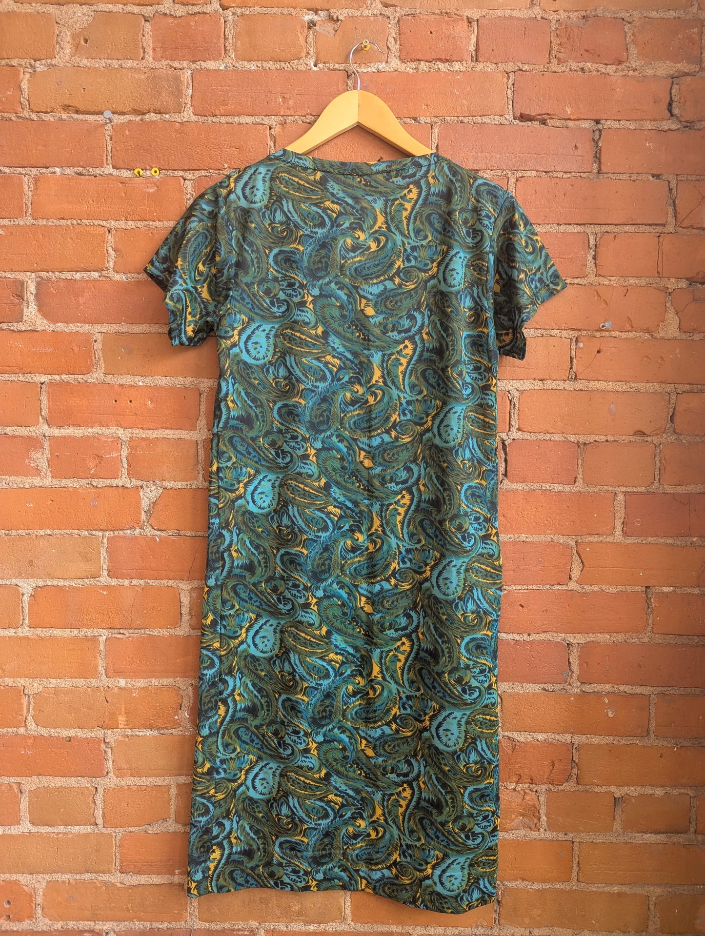 1960s Blue, Green and Yellow Paisley Print Shift Dress