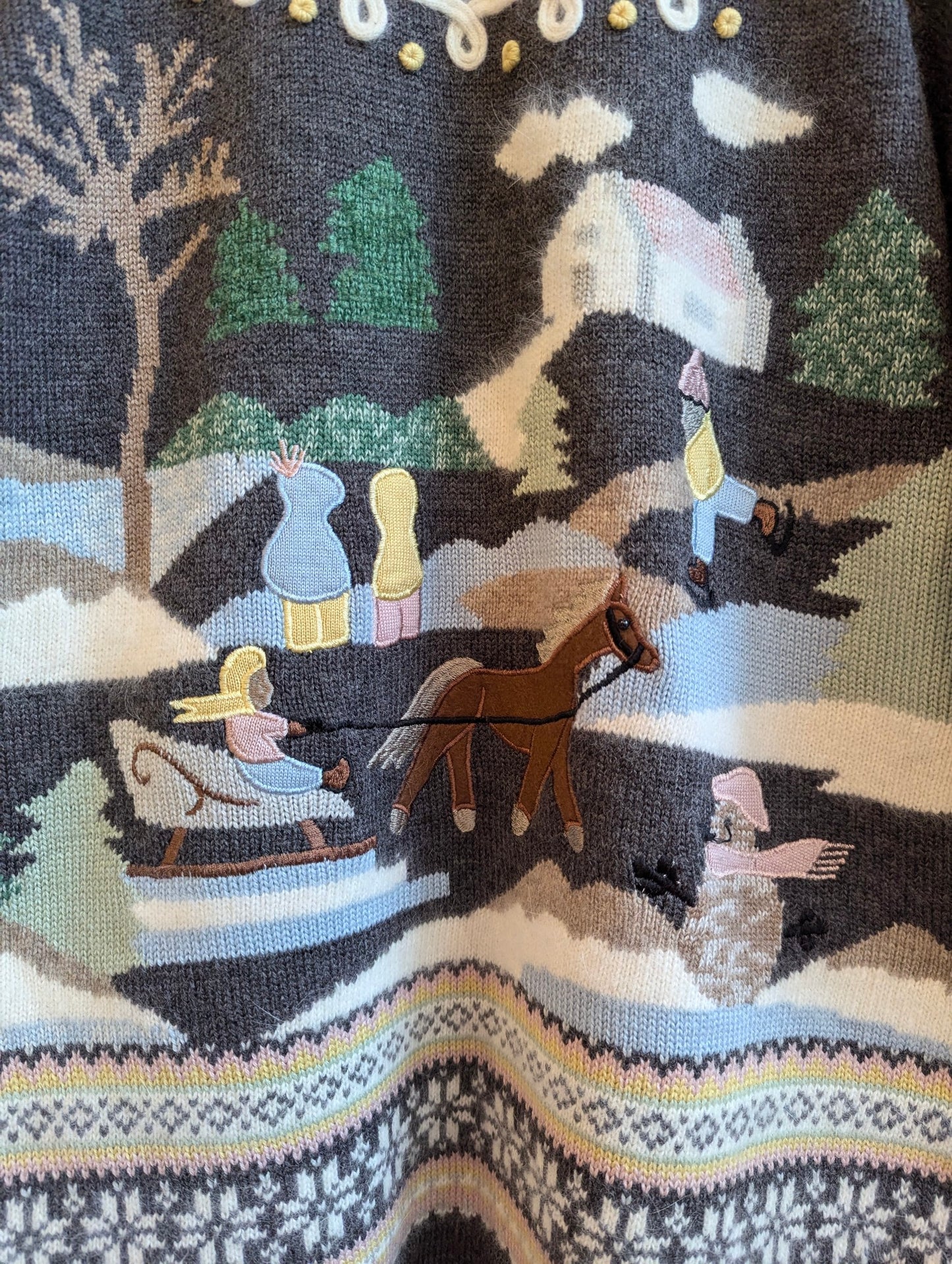 1990s René Derhy Paris Grey Sweater With Winter Scene