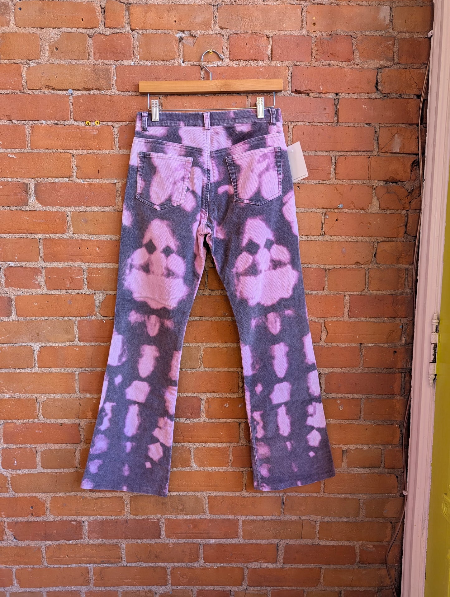 1990s Jane Doe Jeans Mid-Rise, Kick Flare Corduroy Pants With Pink and Purple Bleach Detailing