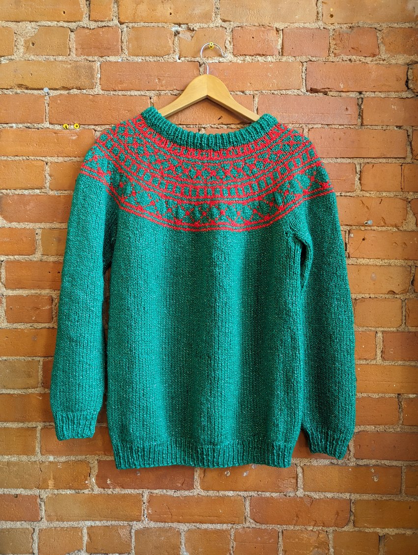 1980s Hand-Knit Red and Green Sweater With Silver Sparkle