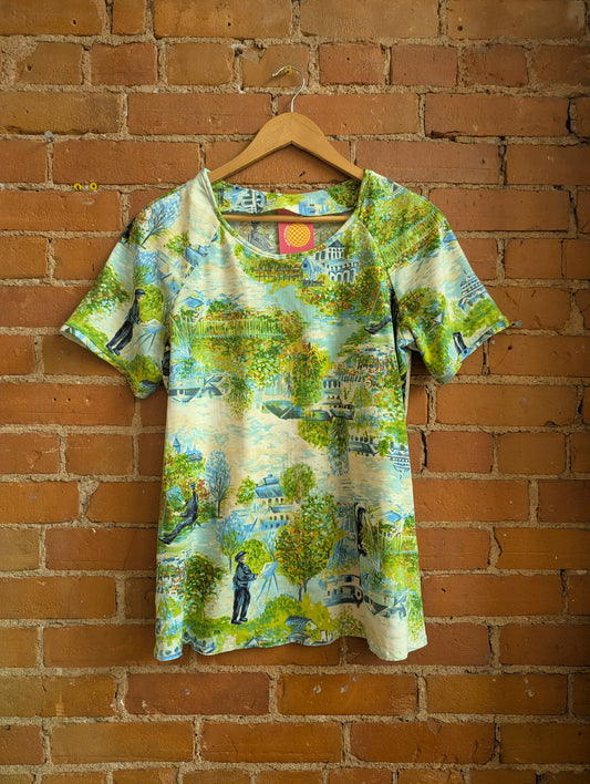1970s Impressionism Print Short Sleeve Scoop Neck Top