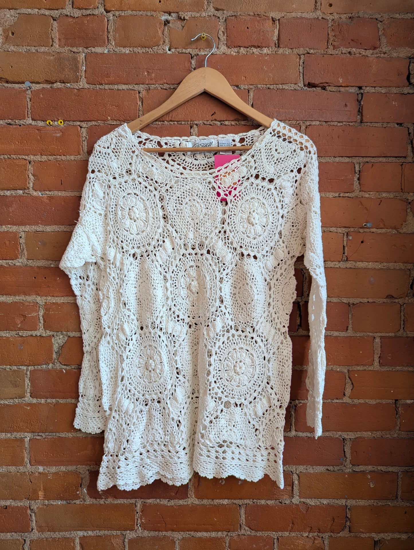 1990s Casual Connection Cream Crochet Long-Sleeve Top