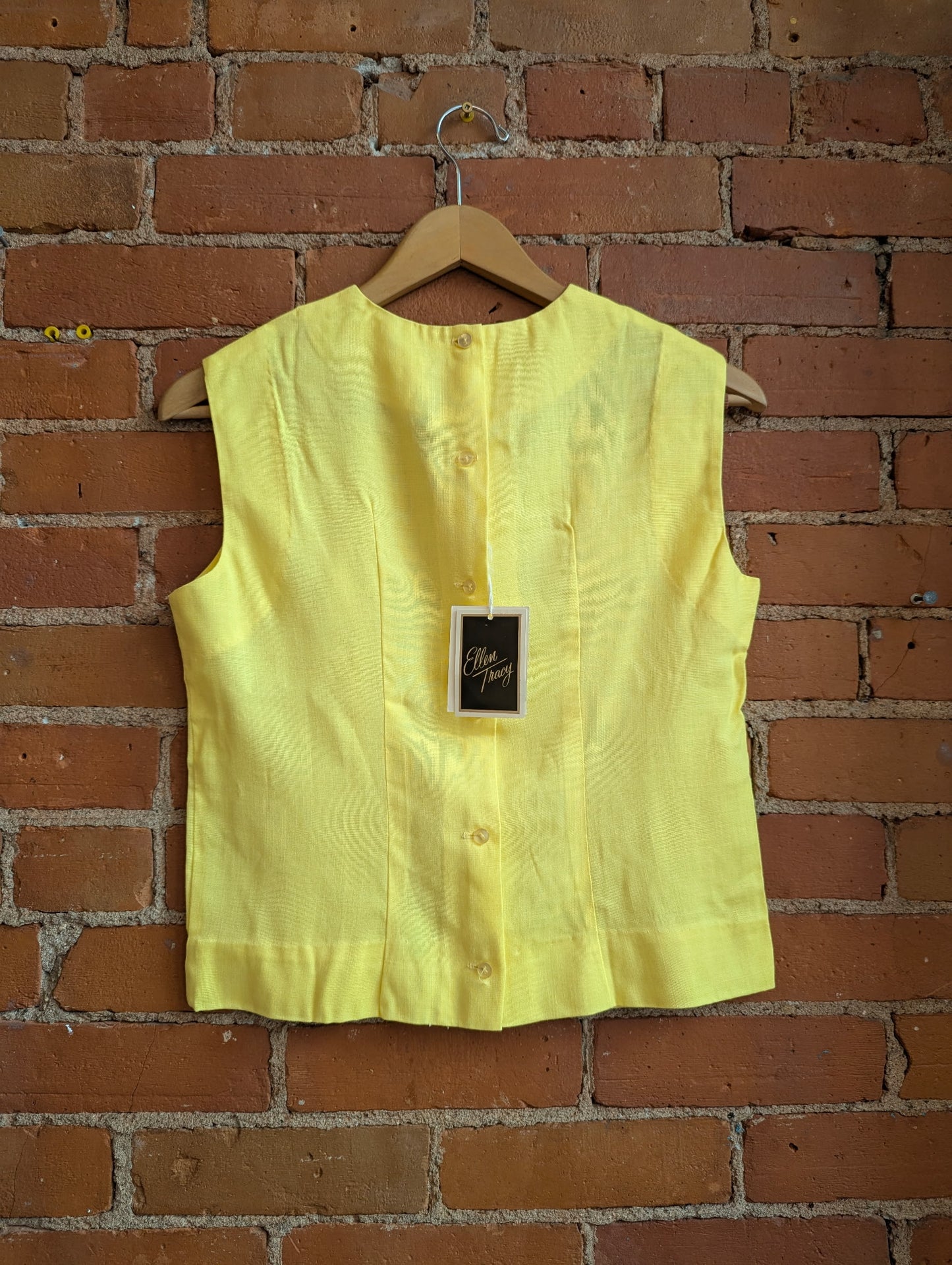 1960s NWT Ellen Tracy Yellow Button-Back Sleeveless Blouse