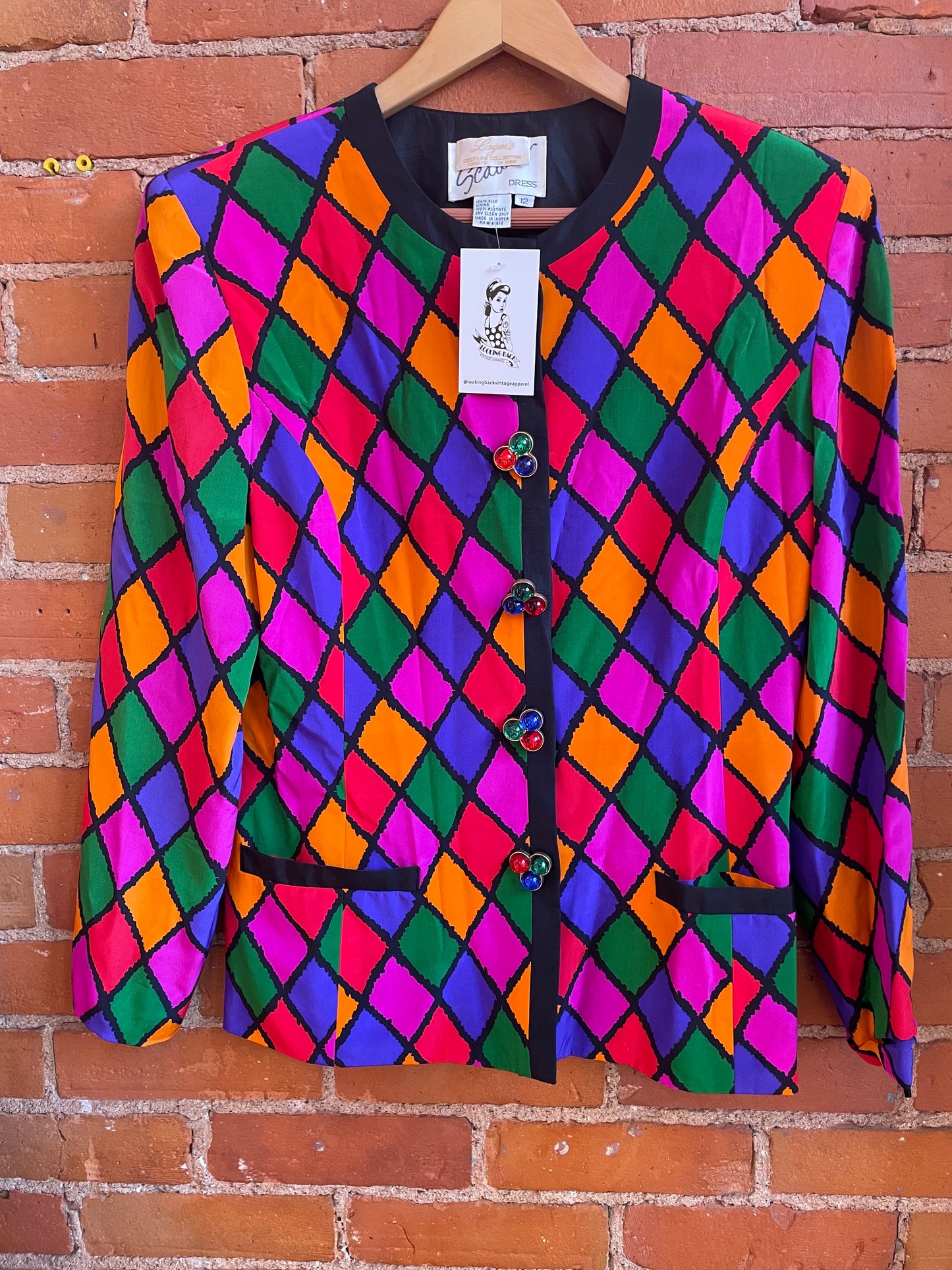 80’s Silk Colorful Diamond Print Blazer