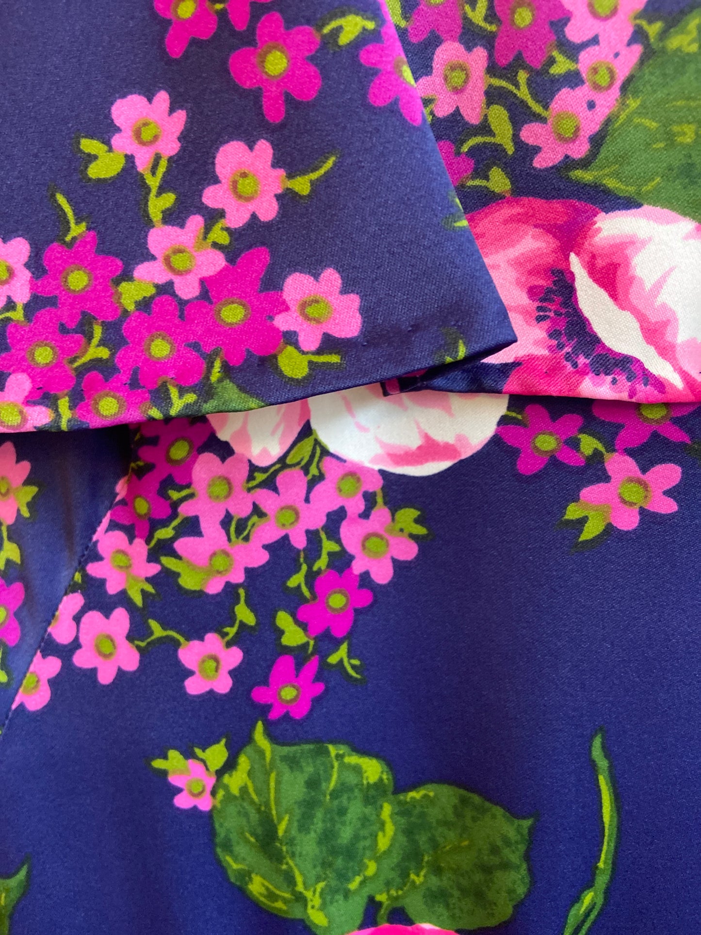 1970s Navy Blue Maxi Dress With Ruffled Neckline and Purple, Pink and Green Floral Print