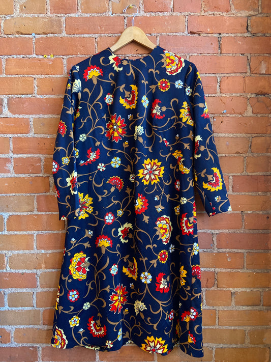 1960s Navy Blue Long Sleeve Dress With Warm-Toned Floral Print