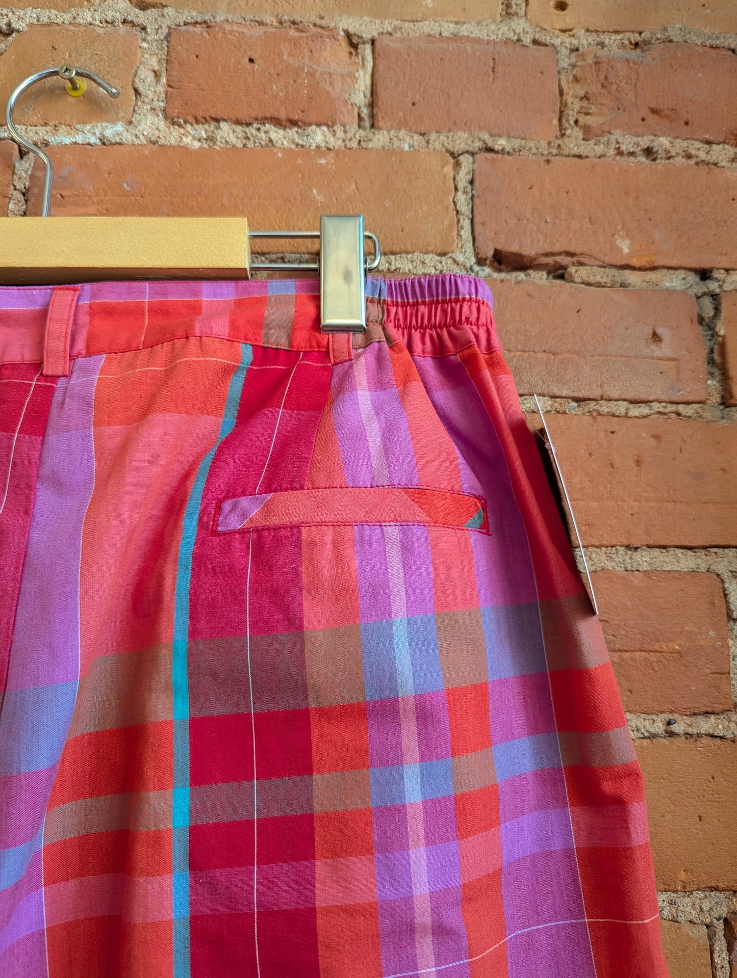 1980s Tabi International Orange, Pink and Green Plaid Longline Shorts