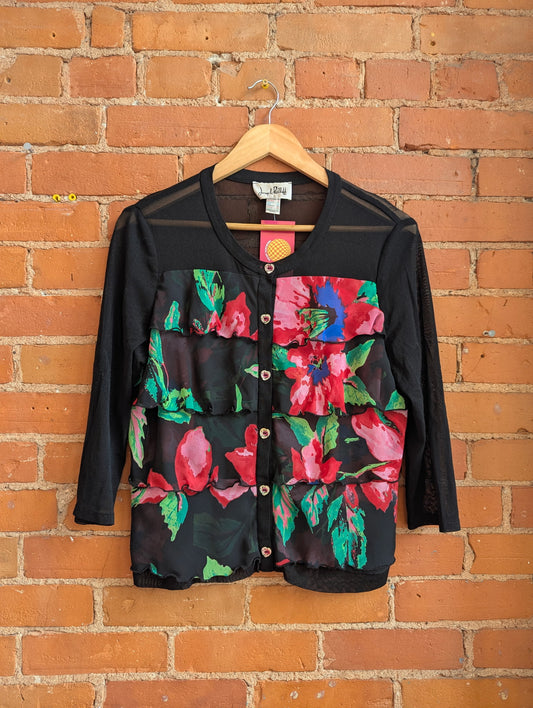 1990s Joseph Ribkoff Black Mesh Cardigan With Ruffle Floral Print Panels