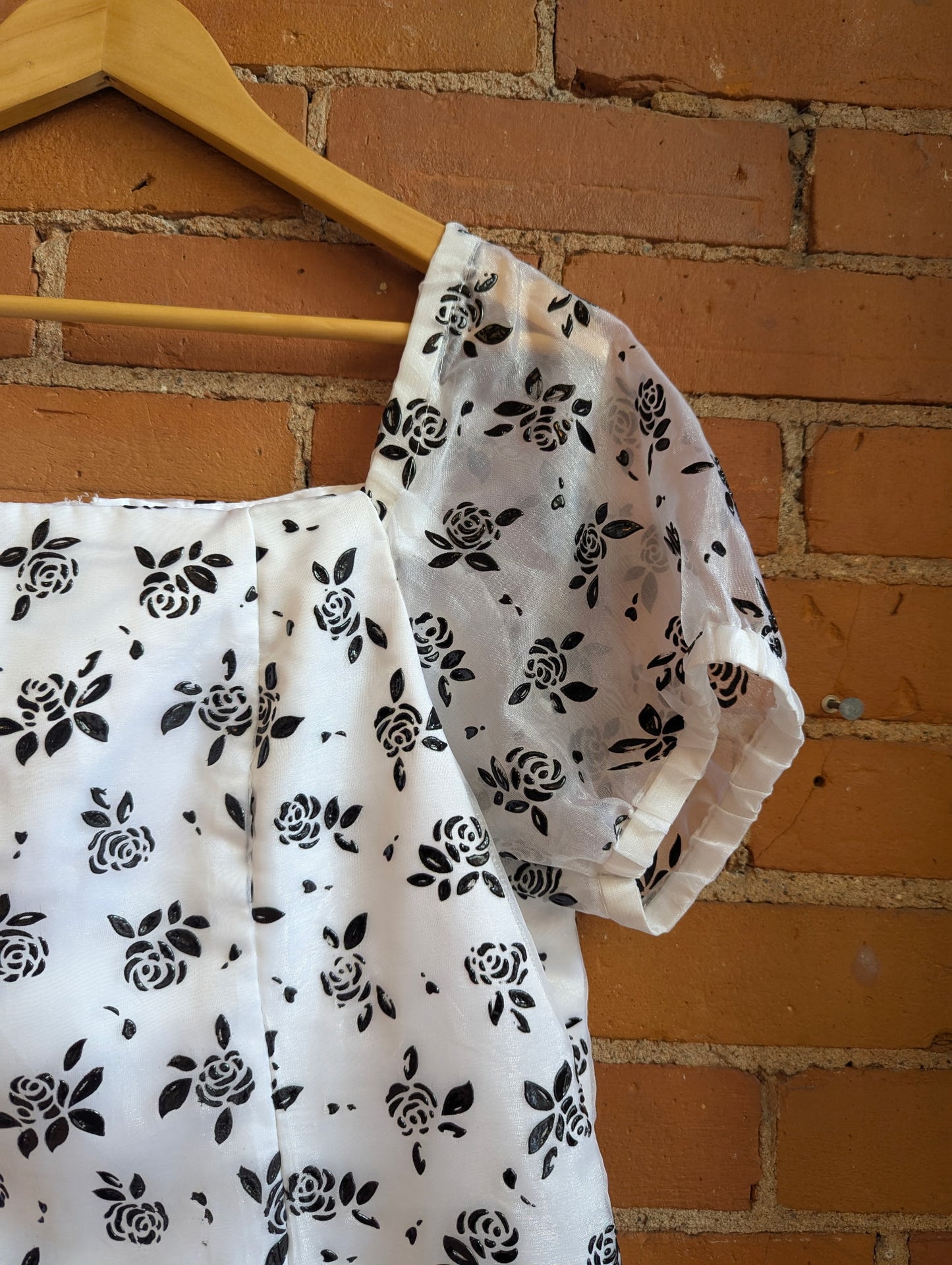 1990s White Puff Sleeve Mini Dress With Black Puff Paint Roses