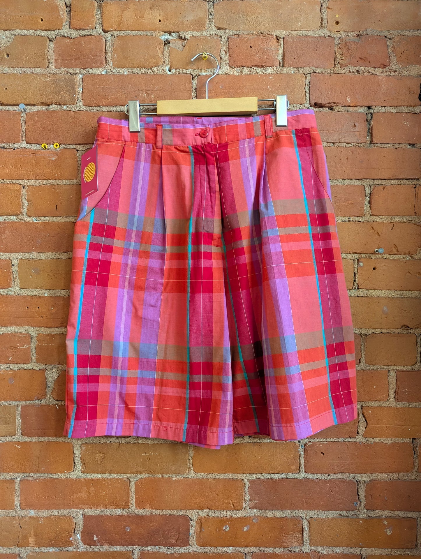 1980s Tabi International Orange, Pink and Green Plaid Longline Shorts